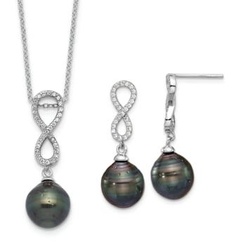 Rhodium Over Sterling Silver Tahitian Pearl/Cubic Zirconia Infinity
Necklace and Earring Set