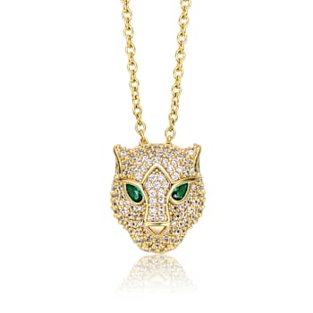 Emerald Color CZ Panther Head Pendant Necklace In 14K Gold Over Brass