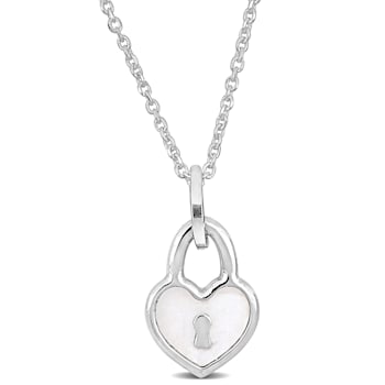 Children's White Enamel Heart Lock Charm Necklace in Sterling Silver