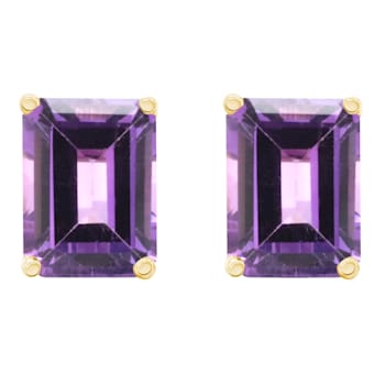 8x6mm Emerald Cut Amethyst 14k Yellow Gold Stud Earrings
