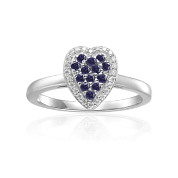 Blue Sapphire and Moissanite Sterling Silver Heart Shape Cluster Ring