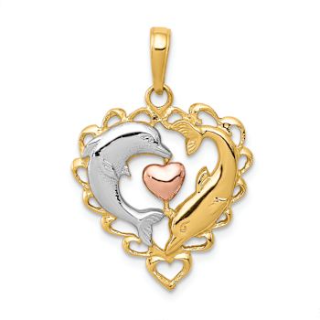 14K Tri-color Gold Textured Dolphins in Heart Pendant