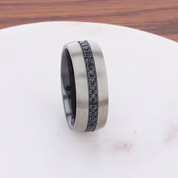 AVIATOR Domed Brushed Titanium Men's Wedding Band with Black Sapphire
Stones Inlay 8mm