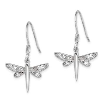 Rhodium Over Sterling Silver Polished Cubic Zirconia Dragonfly Earrings