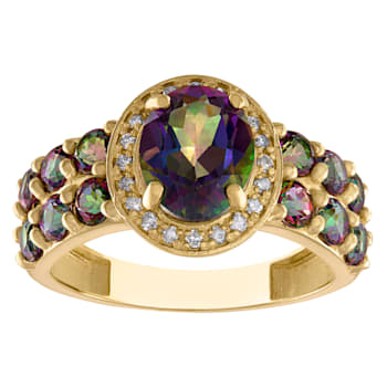 10K Yellow Gold Oval Mystic Fire Topaz and Diamond Ring 1.74ctw