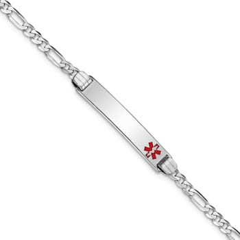 Rhodium Over 14k White Gold Medical Red Enamel Figaro Link ID Bracelet