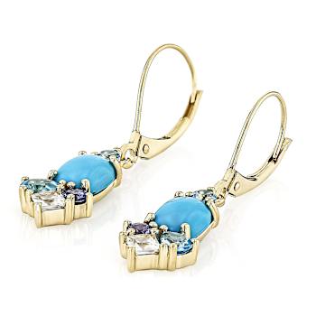 Turquoise And Multi-Blue Gemstone Dangle Earrings In Solid 10K Yellow Gold