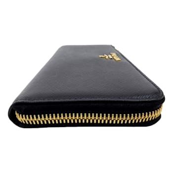 Prada Saffiano Long Continental Zip Wallet Black Leather Gold Tone Logo