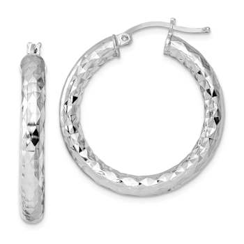 Rhodium Over Sterling Silver 4.00mm Diamond-cut Hoop Earrings