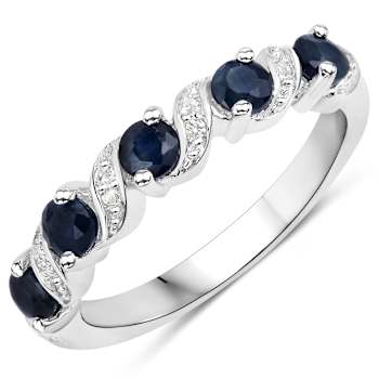 Blue Sapphire and White Topaz Five Stone Sterling Silver Band Ring