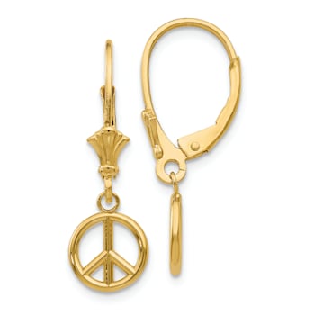 14k Yellow Gold 3D Peace Symbol Dangle Earrings