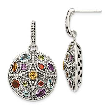 Sterling Silver with 14K Accent Antiqued Multi Gemstone Post Dangle Earrings