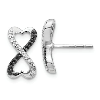Rhodium Over 14k White Gold Black and White Diamond Infinity Heart Stud Earrings