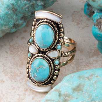 Barse Turquoise And Mother-Of-Pearl Statement Ring In Bronze