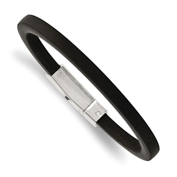 Black Rubber and Stainless Steel Polished 8.5-inch Bracelet