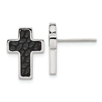Stainless Steel Brushed and Polished Black IP-plated Textured Cross Earrings