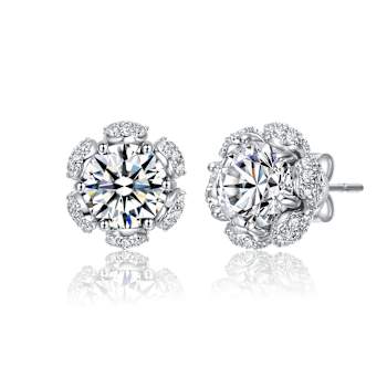 CZ Flower Halo Stud Earrings In Sterling Silver