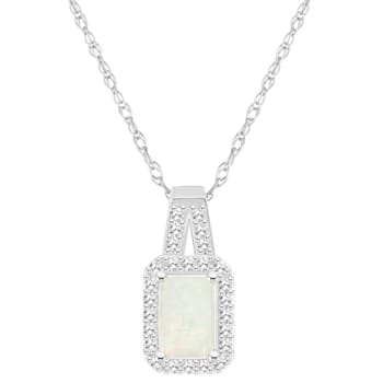 6x4mm Emerald Cut Opal 1/8 ctw Diamond Rhodium Over Sterling Silver Halo
Pendant with Chain