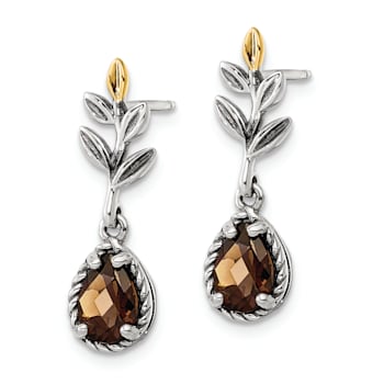 Sterling Silver Antiqued with 14K Accent Leaf Smoky Quartz Dangle Post Earrings