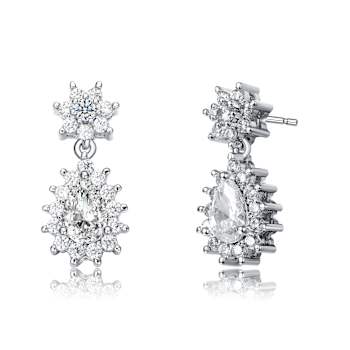 Pear Shape CZ Flower Cluster Drop Earrings In White Rhodium Over Brass