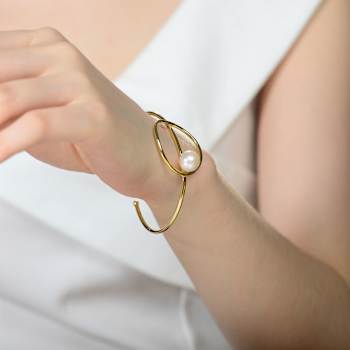 Pear Shape Freshwater Pearl Cuff Bracelet In 14K Gold Over Sterling Silver
