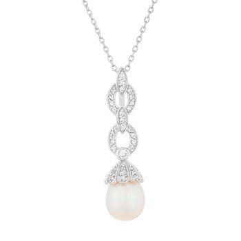 8.5-9mm Drop White Cultured Freshwater Pearl and CZ Rhodium Over
Sterling Silver Pendant
