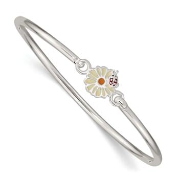 Sterling Silver Enamel Flower and Ladybug Children's Bangle Bracelet