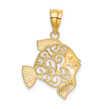 14k Yellow Gold Textured Filigree Fish Pendant