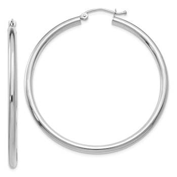 Rhodium Over 14k White Gold 1 3/4" Polished Tube Hoop Earrings