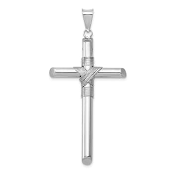 Rhodium Over 14k White Gold 3D Textured Center Wrap Tube Cross Pendant