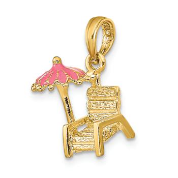14k Yellow Gold 3D Pink Enamel Beach Chair and Umbrella Pendant