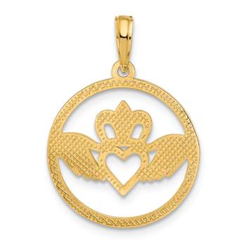 14k Yellow Gold Textured Claddagh Circle Pendant
