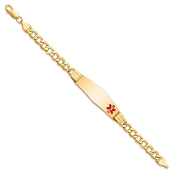 14k Yellow Gold Medical Soft Diamond Shape Red Enamel Curb Link ID Bracelet