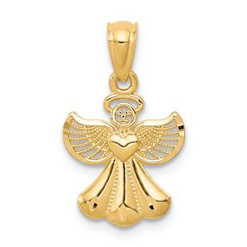 14k Yellow Gold Polished, Diamond-Cut and Textured Angel Pendant