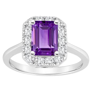 8x6mm Emerald Cut Amethyst And White Topaz Accents Rhodium Over Sterling
Silver Halo Ring