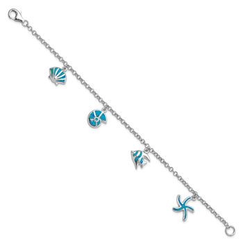 Rhodium Over Sterling Silver Lab Created Opal Fish and Shells Charm Bracelet