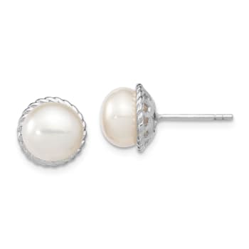 Rhodium Over Sterling Silver 8-9mm White Button Freshwater Cultured
Pearl Post Earrings