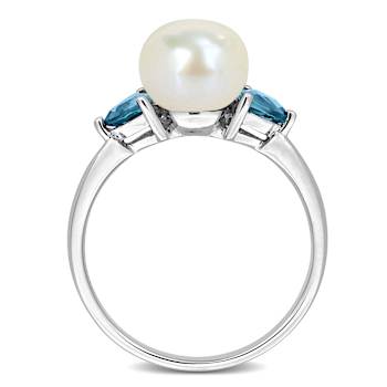 London Blue Topaz & Cultured Freshwater Pearl 10k White Gold Ring 0.6ctw