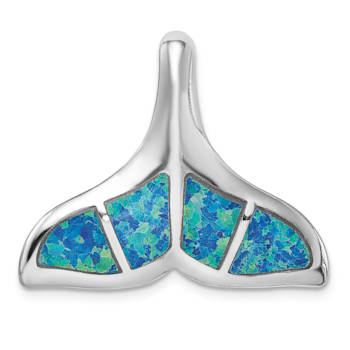Rhodium Over Sterling Silver Blue Inlay Lab Created Opal Whale Tail
Slide Pendant