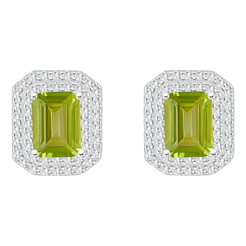 8x6mm Emerald Cut Peridot And White Topaz Accent Rhodium Over Sterling
Silver Double Halo Earrings