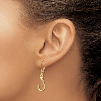 14k Yellow Gold 3D Fish Hook Dangle Earrings