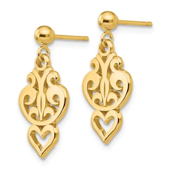 14k Yellow Gold Polished Filigree Fancy Heart Dangle Earrings