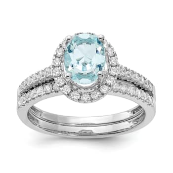Rhodium Over 14K White Gold Aquamarine Diamond Halo Engagement Ring