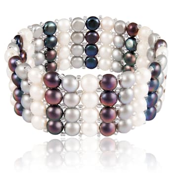 6-7mm Black, Silver, and White Cultured Freshwater Pearl Silver  Bracelet