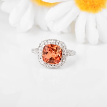 Peach Orange Lab Created Padparadscha Sapphire Rhodium Over Sterling
Silver Cushion Cut Ring