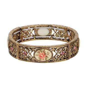 Gold Tone Rose Decal With Ivory Stretch Bracelet