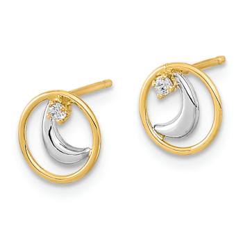 14k Two-tone  Gold 7.75mm Cubic Zirconia Half Moon in Circle Earrings