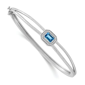 Rhodium Over 14k White Gold Emerald-shape Blue Topaz and Diamond Halo Bangle