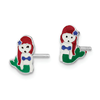 Rhodium Over Sterling Silver Enamel Mermaid Children's Post Earrings