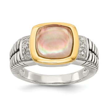 Sterling Silver Antiqued with 14K Accent Black Mother of Pearl and
Diamond Ring